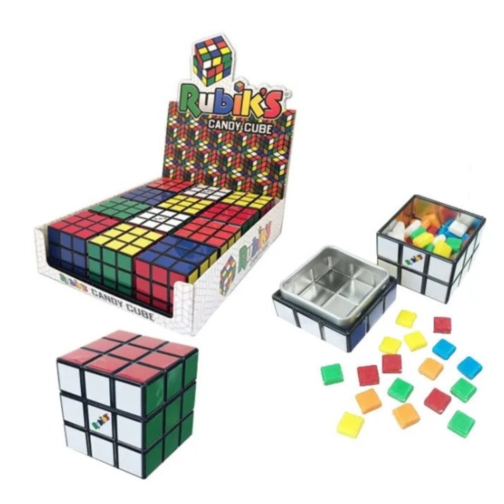 Rubik's Candy Cube Tins 12 Count Display Box NWT Multicolor Fruity Tile Candy
